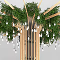 Creative Hanging Chandelier With Hanging Greenery Wooden Structure And Light Bulbs