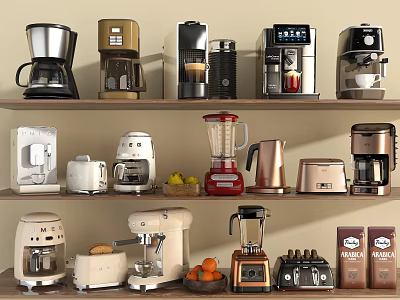 Variety of Kitchen Appliances in Different Styles and Colors Displayed on Shelves 3d model