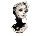 Artistic Female Head Sculpture With White Tangled Hair And Black Feather Decoration