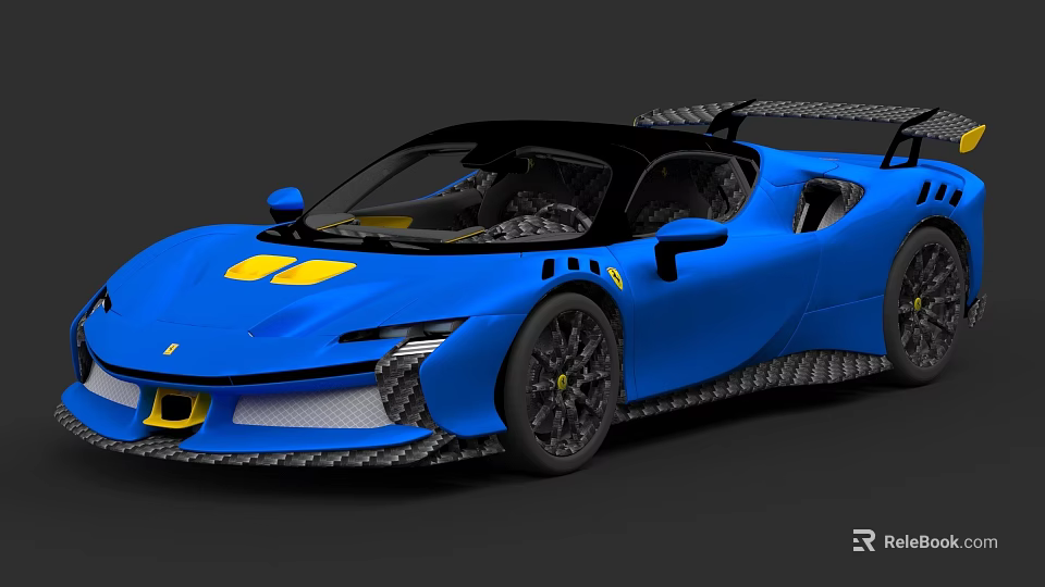 Blue Ferrari Sports Car With Yellow Accents Black Roof And Aerodynamic Design 3d model 