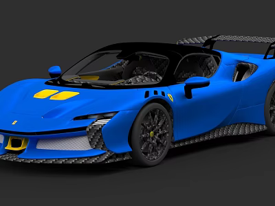 Blue Ferrari Sports Car With Yellow Accents Black Roof And Aerodynamic Design 3d model