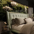 Modern Bedroom With Green Tufted Double Bed Brown Accent Chair And Greenery Backdrop
