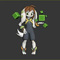 Game Movie Character Orange Haired Green Eyed In Blue Gray Overalls With Floating Green Cubes