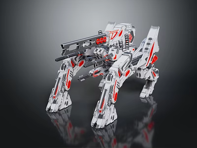 Futuristic Sci Fi Mechanical Creature With Four Legs Twin Cannons And Red Accents 3d model