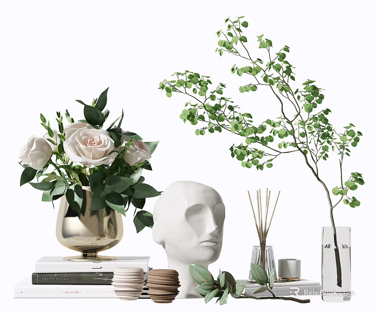 Stylish Decorative Ornament Set Featuring White Roses Golden Vase Mannequin Head And Green Foliage 3d model 