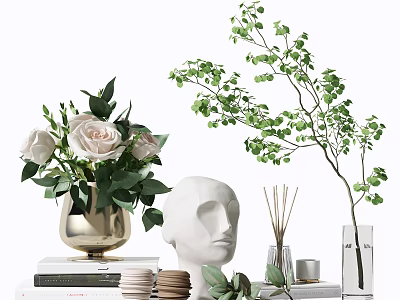 Stylish Decorative Ornament Set Featuring White Roses Golden Vase Mannequin Head And Green Foliage 3d model