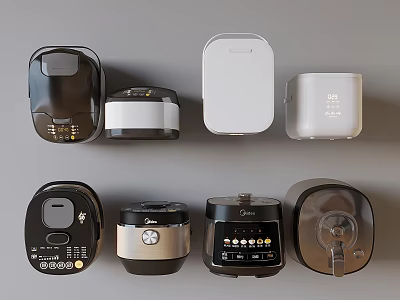 Various Style Kitchen Appliances Including Black White Silver Rice Cookers And Pressure Cookers 3d model