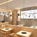 Cozy Hot Pot Restaurant Interior With Wooden Tables Chairs Hanging Lamps And Menu Board
