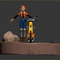 Red Haired Female Game Movie Character With Yellow Orange Scooter And Small Animal On Base