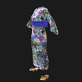 Traditional Japanese Kimono With Floral Pattern Blue Belt And Geta Sandals