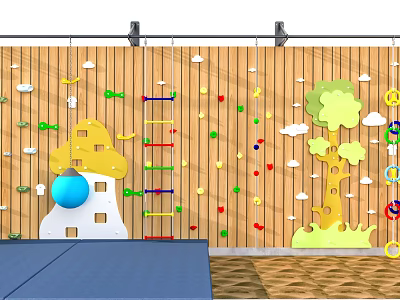 Colorful Playground Equipment Climbing Wall With Cartoon Tree Cloud House Shapes And Safety Mat 3d model