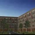 Modern School Building Courtyard Design With Large Windows Green Lawn And Trees