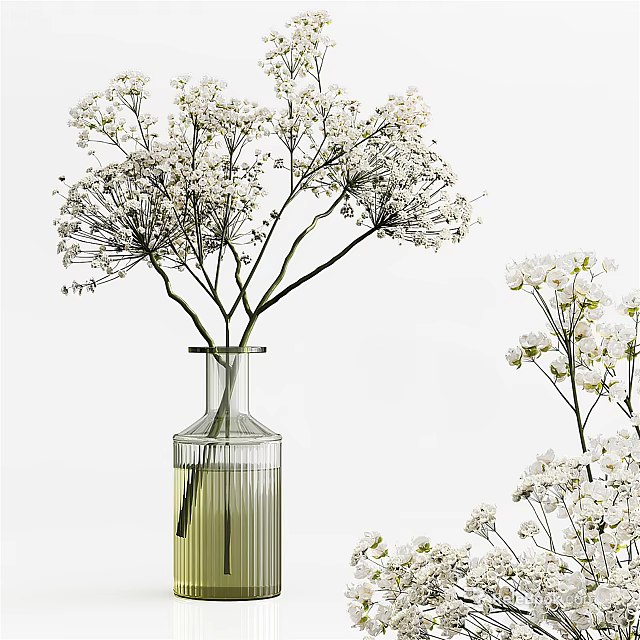 Fresh White Flowers Arranged in Striped Transparent Glass Vase Home Decor 3d model 