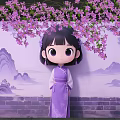 Scenic Wall With Purple Flowering Vines Cartoon Girl In Purple Hanfu And Landscape Painting