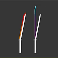 Two Swords With Gradient Blades Red Yellow And Blue Purple White Handles Dark Background