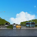City Road Facilities With Street Lamps Green Trees Buses Cars Zebra Crossings And Green Belts