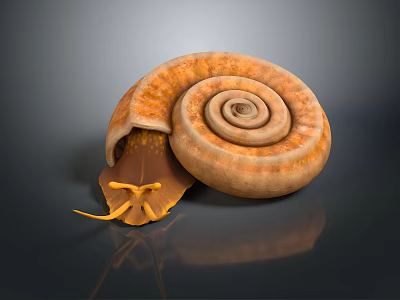 Brown Reptile With Spiral Shell And Yellow Tentacles On Dark Reflective Surface 3d model