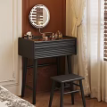 Black Modern Dressing Table With Round Mirror Drawers And Matching Stool 3d model