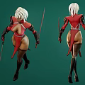 Fantasy Woman Character In Red And Black Outfit Holding Swords With High Heels And Stockings