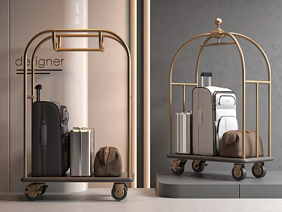 Modern Style Luggage Display With Golden Frame Carts Black Suitcases Silver Briefcases And Brown Bags 3d model