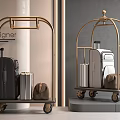 Modern Style Luggage Display With Golden Frame Carts Black Suitcases Silver Briefcases And Brown Bags