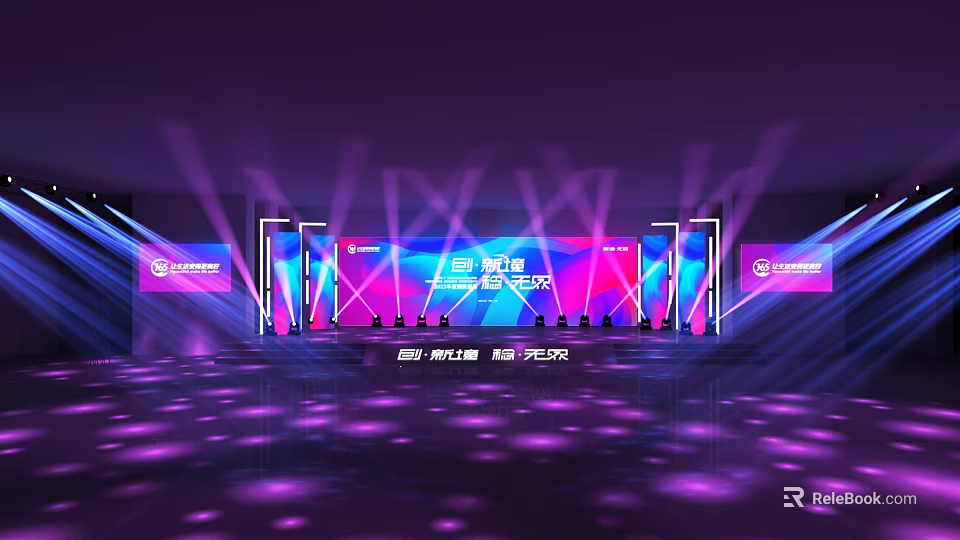 Modern Event Stage With Purple Blue Lighting Large Screen And Intelligence Logo 3d model 