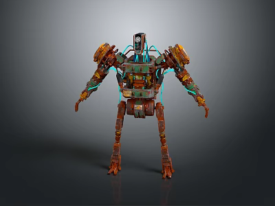Robot Character With Rusty Metal Body Blue Glowing Lines Mechanical Joints And Detailed Design 3d model