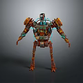 Robot Character With Rusty Metal Body Blue Glowing Lines Mechanical Joints And Detailed Design