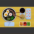 Japanese Ramen And Sushi Meal With Chopsticks Sauce And Side Dishes On Yellow Tray