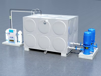 Industrial Water Tank Equipment with Blue Pumps Control Panel and Pipes 3d model