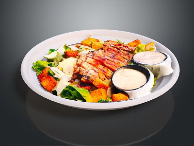 Tasty Grilled Chicken Salad With Crispy Croutons Fresh Lettuce And Dressings 3d model