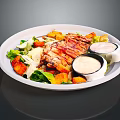 Tasty Grilled Chicken Salad With Crispy Croutons Fresh Lettuce And Dressings
