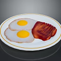 White Plate With Gold Rim Featuring Two Fried Eggs And Sliced Bacon Delicious Breakfast Meal