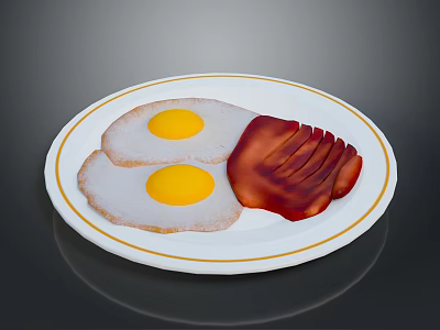 White Plate With Gold Rim Featuring Two Fried Eggs And Sliced Bacon Delicious Breakfast Meal 3d model