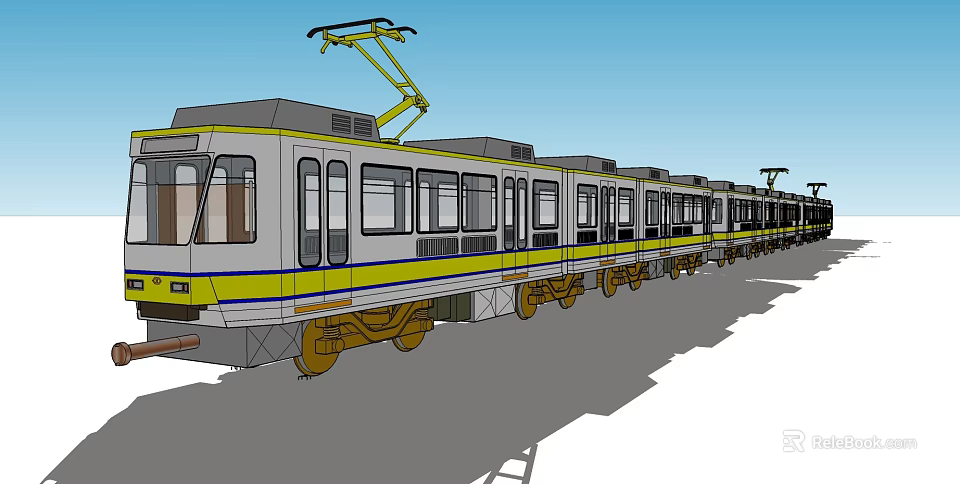Modern Electric Train With Yellow Gray Stripes And Multiple Carriages On Railway Track 3d model 