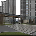 Modern High Rise Residential Entrance Gate With Wooden Canopy Spacious Striped Pavement And Lawn