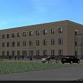 Modern Multi Story Office Building Exterior With Large Windows Lawn And Parking Lot