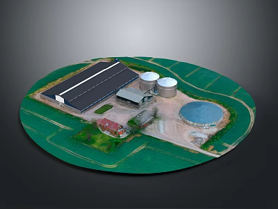Circular Agricultural Facility Model With Green Fields Buildings Tanks And Blue Pond 3d model