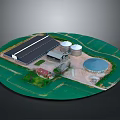 Circular Agricultural Facility Model With Green Fields Buildings Tanks And Blue Pond