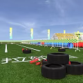 Outdoor Sports Field With Green Lawn Colorful Track Obstacles Blue Canopies And Decorative Arch