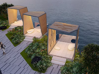 Modern Pergolas By Ocean View With Green Plants White Seats And Stone Pathway 3d model