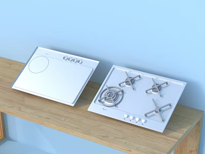 Modern Kitchen Appliances Induction Cooktop And Gas Stove On Wooden Countertop With Light Blue Wall 3d model