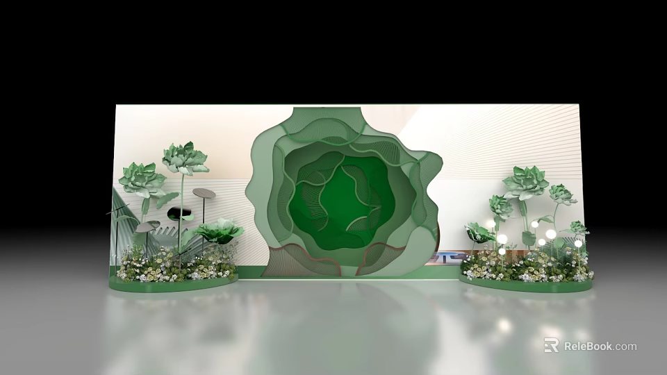 Green Flower Shaped Photo Check in Spot with Green Plants Flowers and Decorations 3d model 