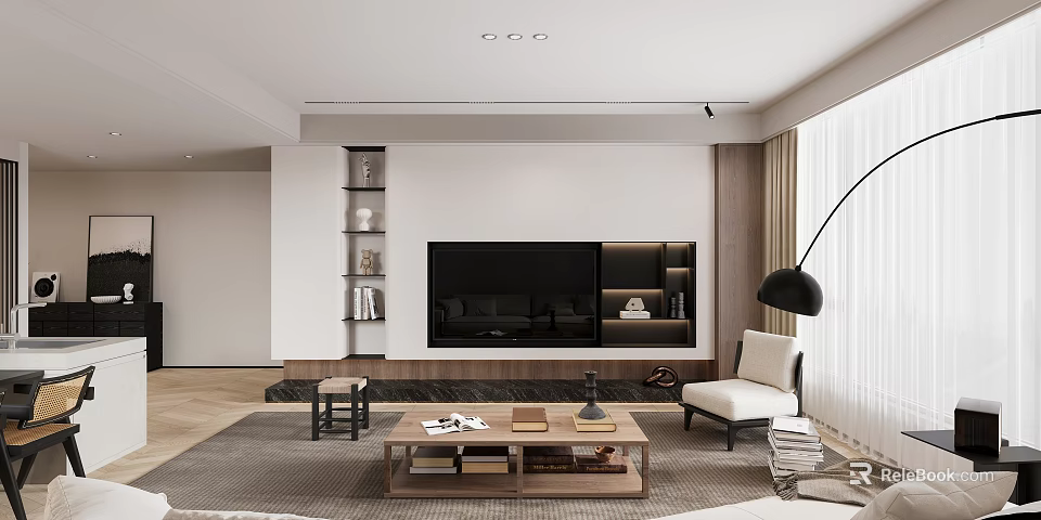 Modern Living Dining Room Interior Design With Sofa Coffee Table And TV Wall 3d model