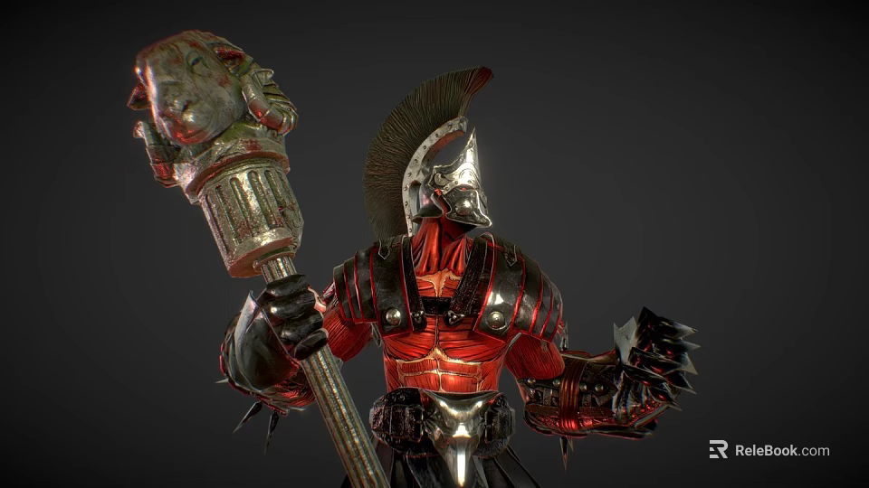 Game Fantasy Character In Spiked Red Armor With Feathered Helmet And Staff 3d model 