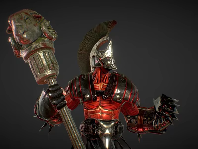 Game Fantasy Character In Spiked Red Armor With Feathered Helmet And Staff 3d model