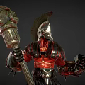 Game Fantasy Character In Spiked Red Armor With Feathered Helmet And Staff