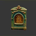 Vintage Colorful Mantel Clock Furniture With Green Yellow Frame And Ornate Top Decoration