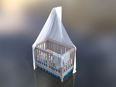 Wooden Baby Crib With White Canopy And Colorful Bedding For Safe Cozy Nursery Use 3d model