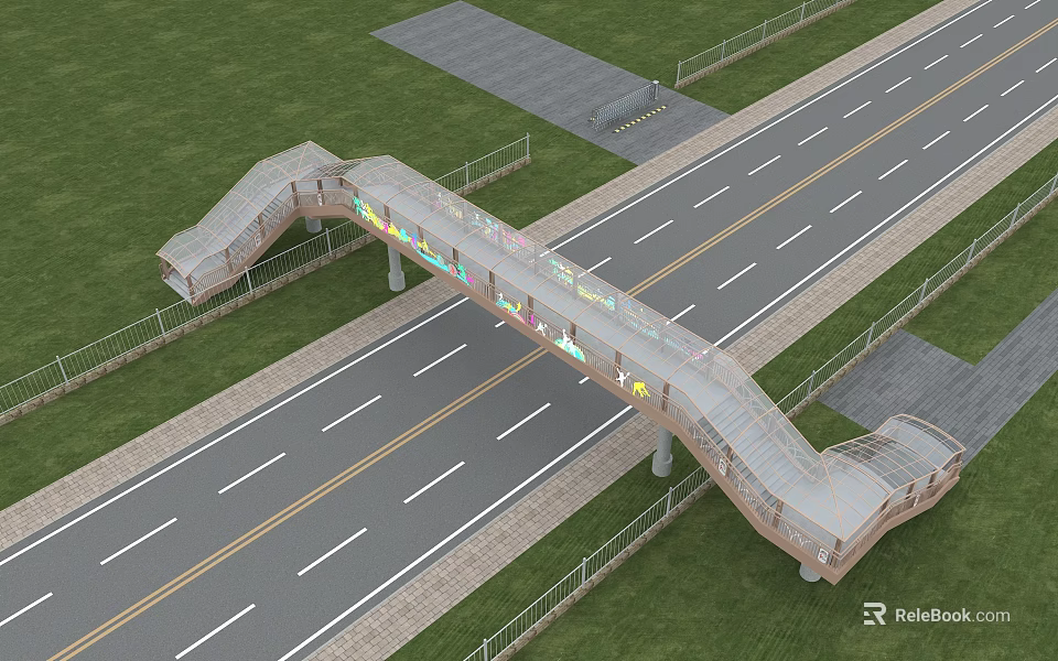 Pedestrian Footbridge Structure Over Road With Green Grass And Railings 3d model 
